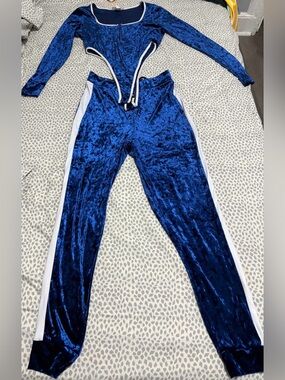 Jasmine Blue Velvet Two-Piece Pantsuit with White Side Stripes